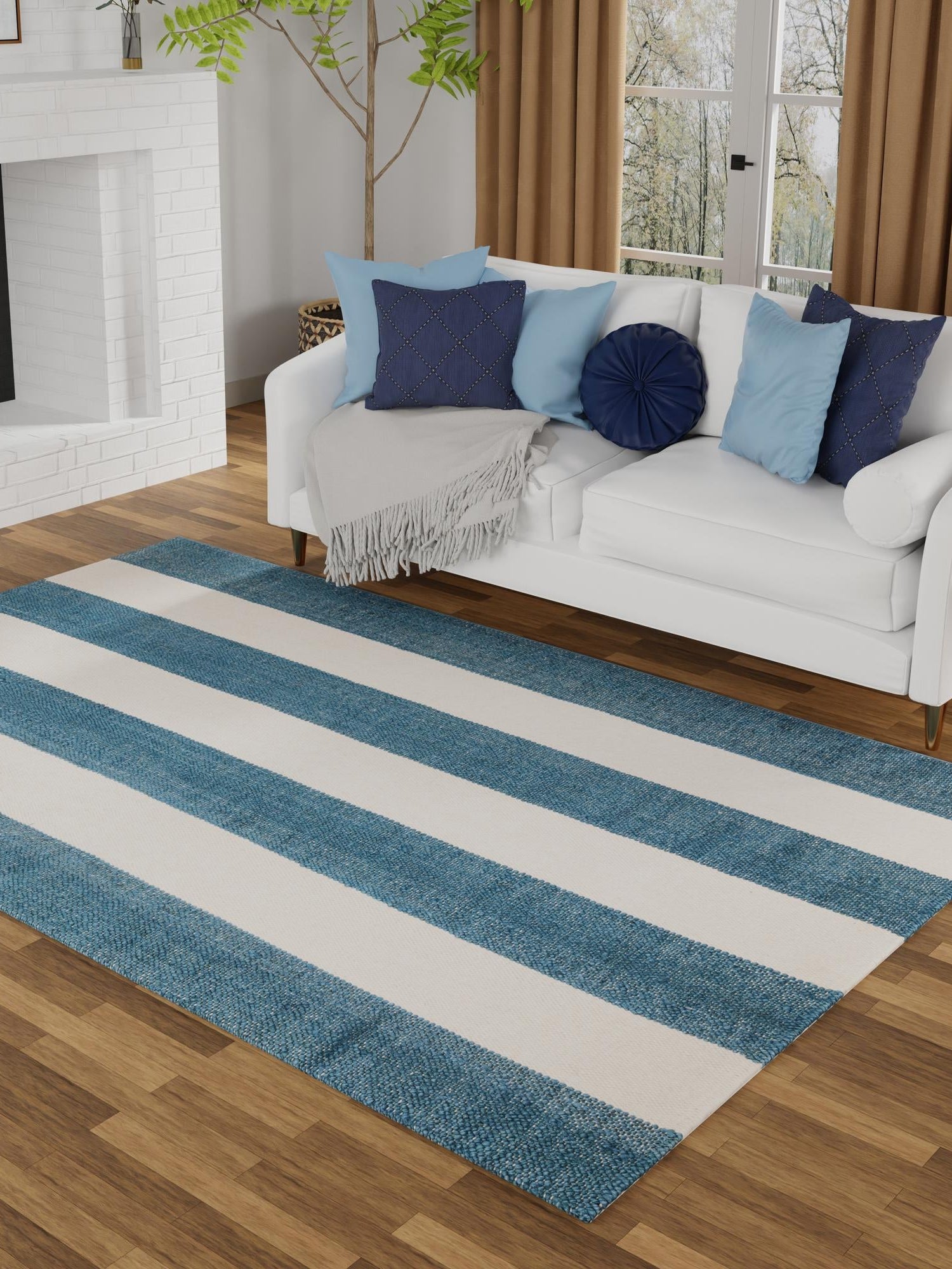 Sky blue 5' 1 x 8' Jill Zarin Hamptons Rectangle Area Rug Jute & Wool With Cotton Backing All Natural Striped Design Coastal Hand Woven Carpet for Sale at Rug Engine