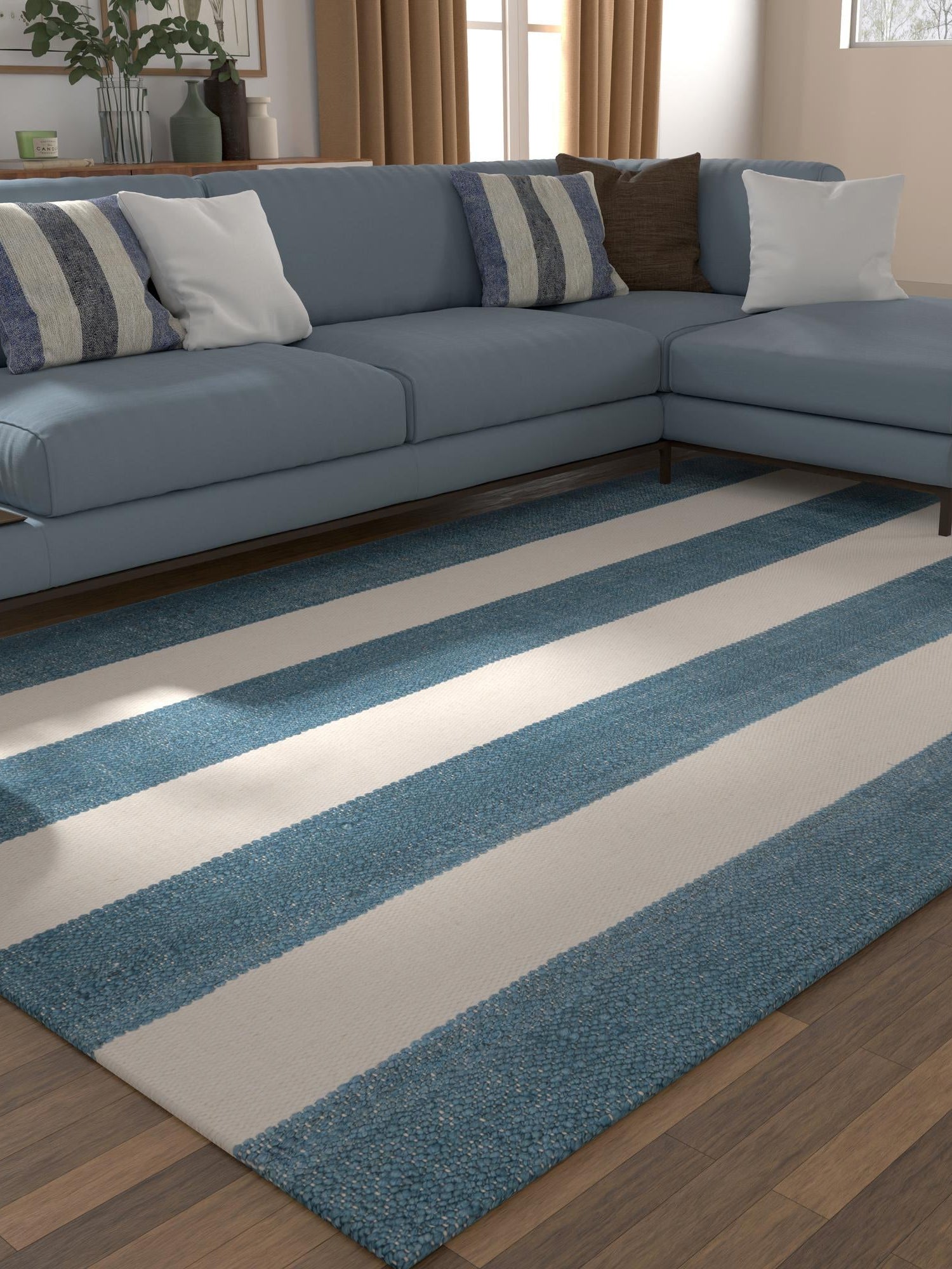 Sky blue 5' 1 x 8' Jill Zarin Hamptons Rectangle Area Rug Jute & Wool With Cotton Backing All Natural Striped Design Coastal Hand Woven Carpet for Sale at Rug Engine