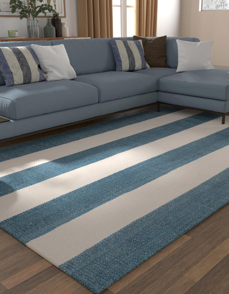 Sky blue 5' 1 x 8' Jill Zarin Hamptons Rectangle Area Rug Jute & Wool With Cotton Backing All Natural Striped Design Coastal Hand Woven Carpet for Sale at Rug Engine