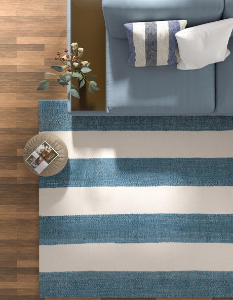 Sky blue 7' 10 x 10' Jill Zarin Hamptons Rectangle Area Rug Jute & Wool With Cotton Backing All Natural Striped Design Coastal Hand Woven Carpet for Sale at Rug Engine
