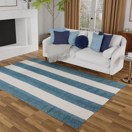 Sky blue 7' 10 x 10' Jill Zarin Hamptons Rectangle Area Rug Jute & Wool With Cotton Backing All Natural Striped Design Coastal Hand Woven Carpet for Sale at Rug Engine