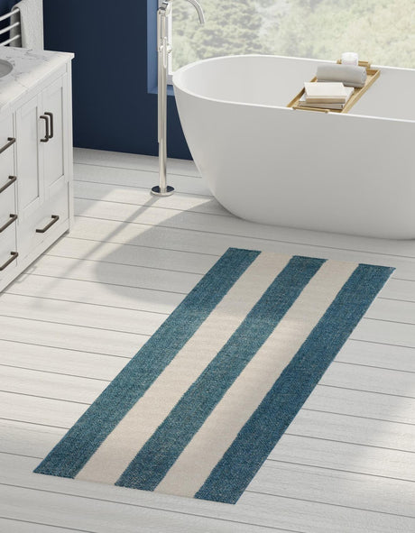 Sky blue 2' 7 x 12' Jill Zarin Hamptons Runner Area Rug Jute & Wool With Cotton Backing All Natural Striped Design Coastal Hand Woven Carpet for Sale at Rug Engine