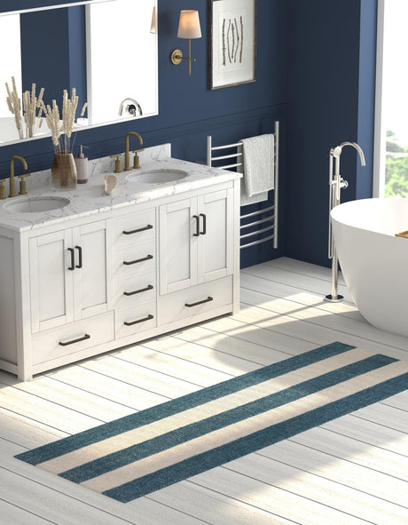 Sky blue 2' x 6' 1 Jill Zarin Hamptons Runner Area Rug Jute & Wool With Cotton Backing All Natural Striped Design Coastal Hand Woven Carpet for Sale at Rug Engine