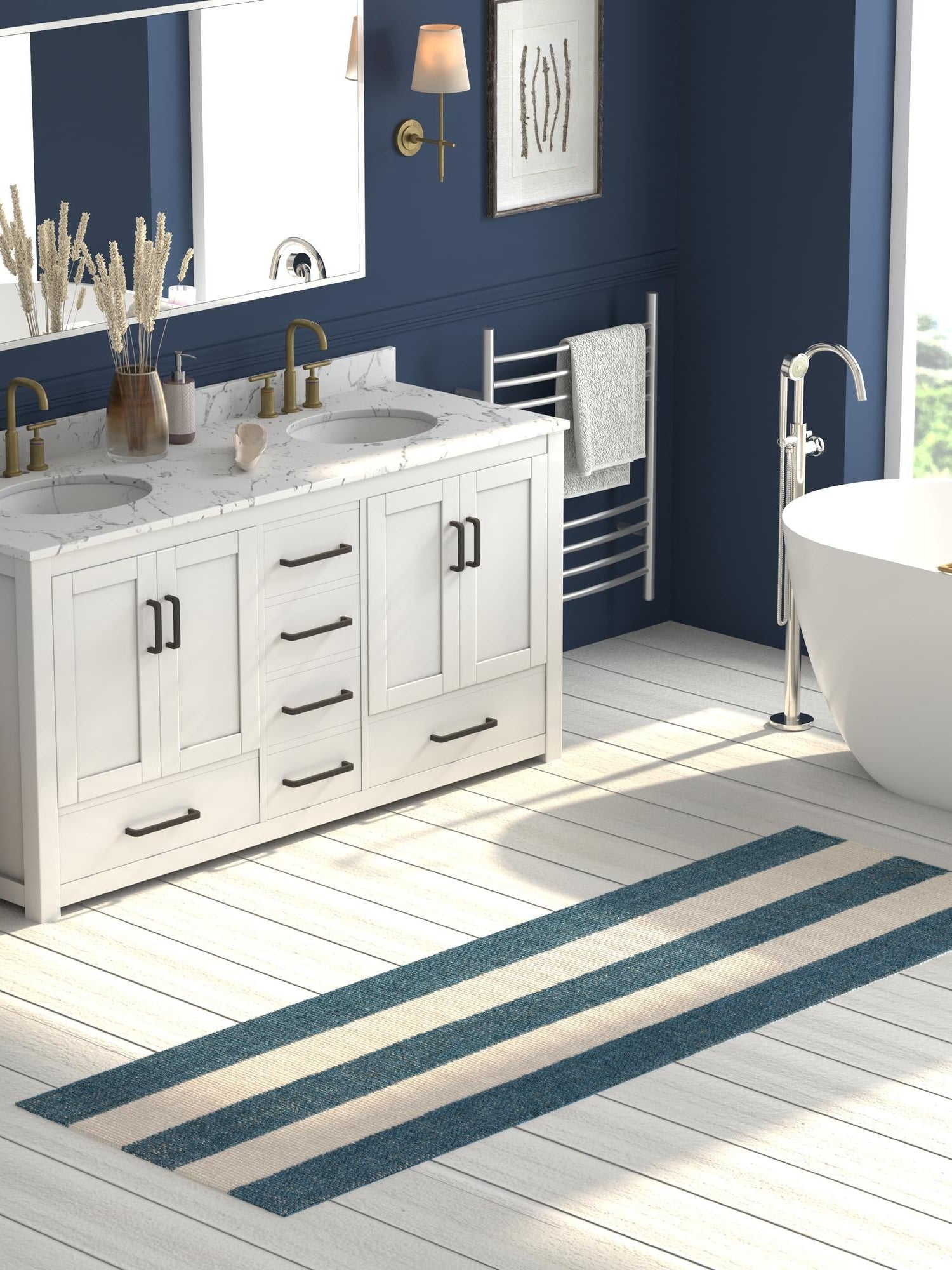Sky blue 2' 7 x 12' Jill Zarin Hamptons Runner Area Rug Jute & Wool With Cotton Backing All Natural Striped Design Coastal Hand Woven Carpet for Sale at Rug Engine