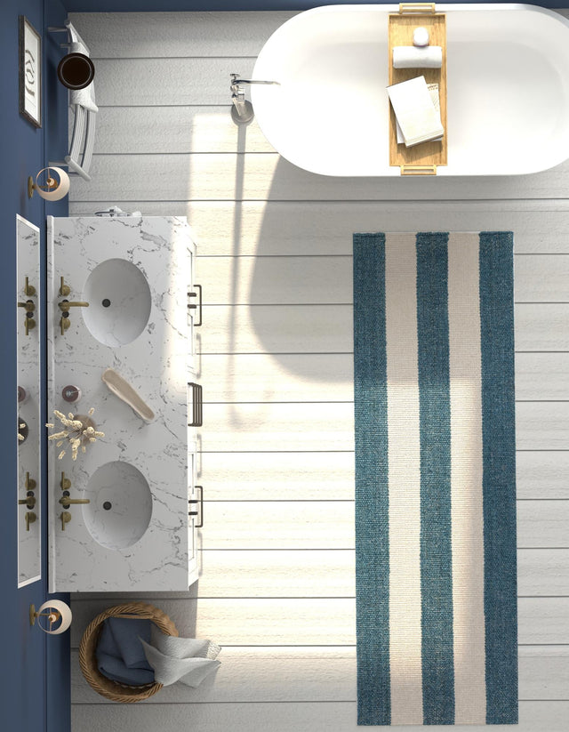 Sky blue 2' x 8' Jill Zarin Hamptons Runner Area Rug Jute & Wool With Cotton Backing All Natural Striped Design Coastal Hand Woven Carpet for Sale at Rug Engine