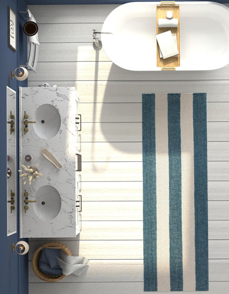Sky blue 2' 7 x 10' Jill Zarin Hamptons Runner Area Rug Jute & Wool With Cotton Backing All Natural Striped Design Coastal Hand Woven Carpet for Sale at Rug Engine