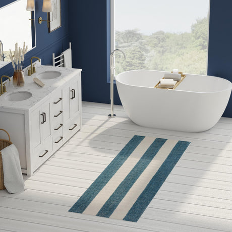 Sky blue 2' x 8' Jill Zarin Hamptons Runner Area Rug Jute & Wool With Cotton Backing All Natural Striped Design Coastal Hand Woven Carpet for Sale at Rug Engine