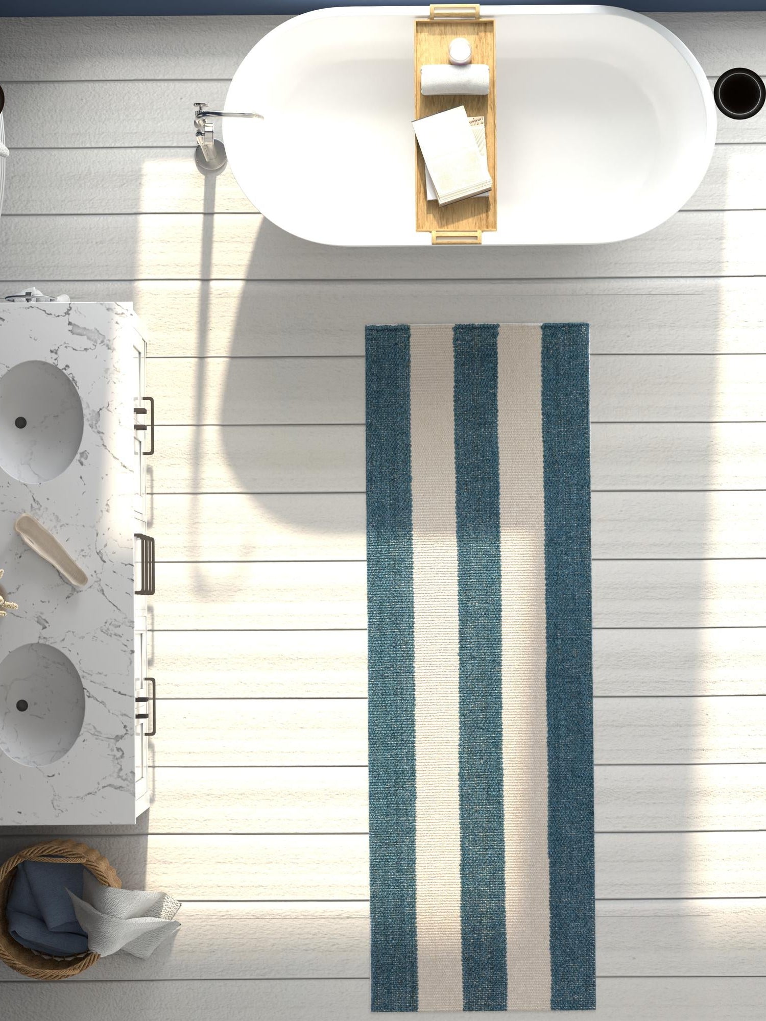 Sky blue 2' 7 x 10' Jill Zarin Hamptons Runner Area Rug Jute & Wool With Cotton Backing All Natural Striped Design Coastal Hand Woven Carpet for Sale at Rug Engine