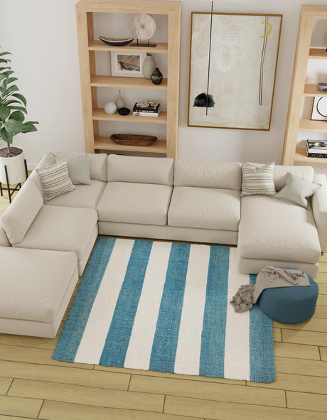 Sky blue 7' 10 x 7' 10 Jill Zarin Hamptons Square Area Rug Jute & Wool With Cotton Backing All Natural Striped Design Coastal Hand Woven Carpet for Sale at Rug Engine