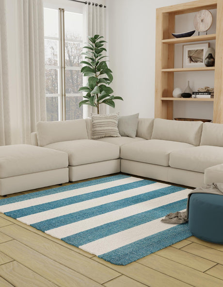 Sky blue 7' 10 x 7' 10 Jill Zarin Hamptons Square Area Rug Jute & Wool With Cotton Backing All Natural Striped Design Coastal Hand Woven Carpet for Sale at Rug Engine