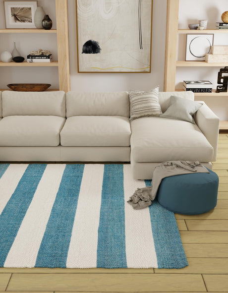 Sky blue 10' x 10' Jill Zarin Hamptons Square Area Rug Jute & Wool With Cotton Backing All Natural Striped Design Coastal Hand Woven Carpet for Sale at Rug Engine