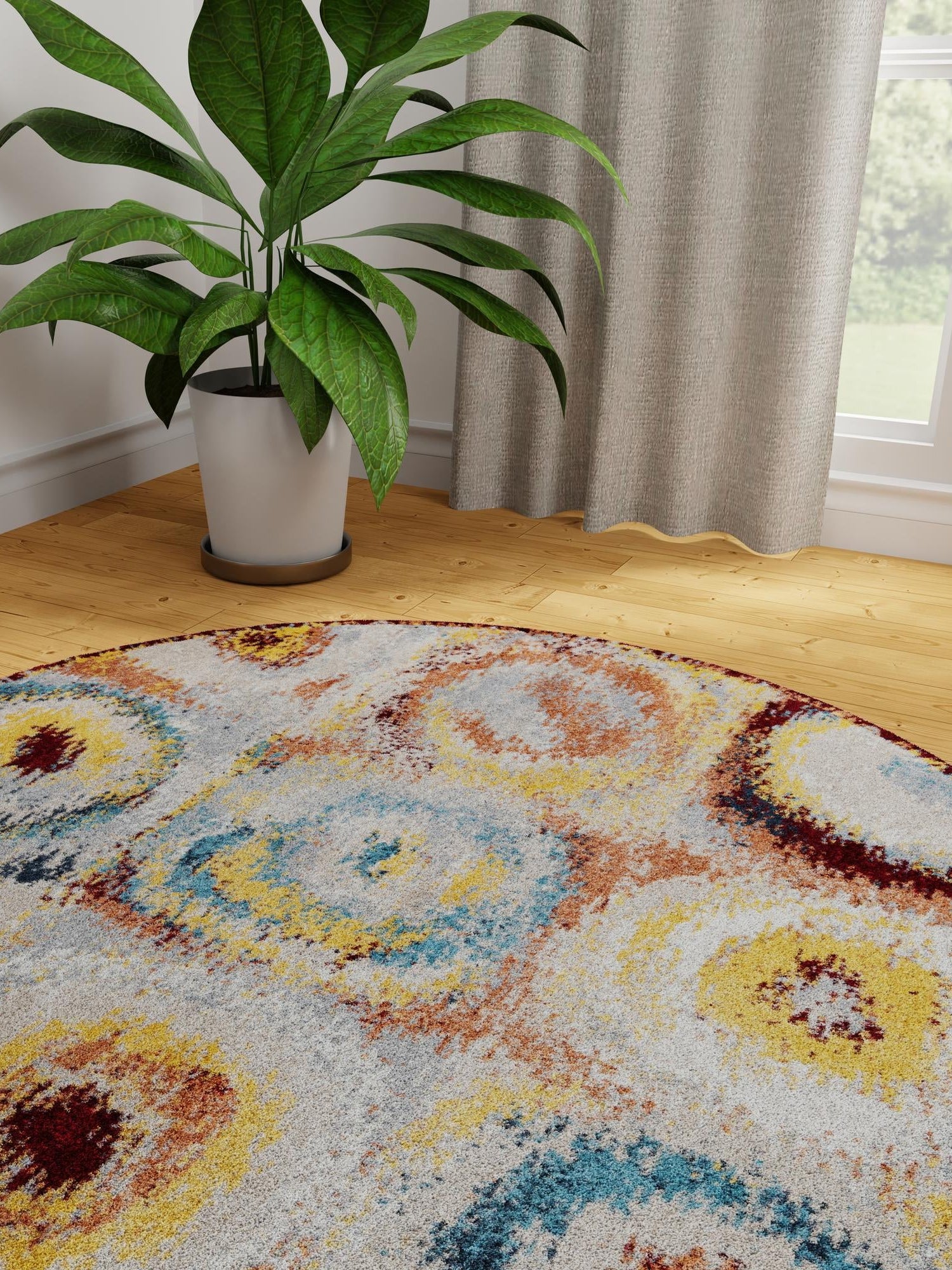 Washable Multicolor 3' 3 x 3' 3 Kamala Washable Round Area Rug Easy to Clean Stain Resistant & Durable 100% Polyester Spill-Friendly Carpet for Sale at Rug Engine