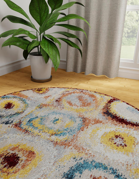 Washable Multicolor 7' 10 x 7' 10 Kamala Washable Round Area Rug Easy to Clean Stain Resistant & Durable 100% Polyester Spill-Friendly Carpet for Sale at Rug Engine