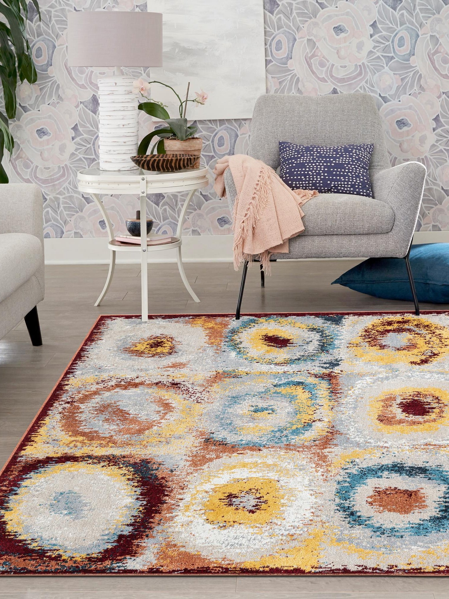 Washable Multicolor 7' 10 x 7' 10 Kamala Washable Square Area Rug Easy to Clean Stain Resistant & Durable 100% Polyester Spill-Friendly Carpet for Sale at Rug Engine