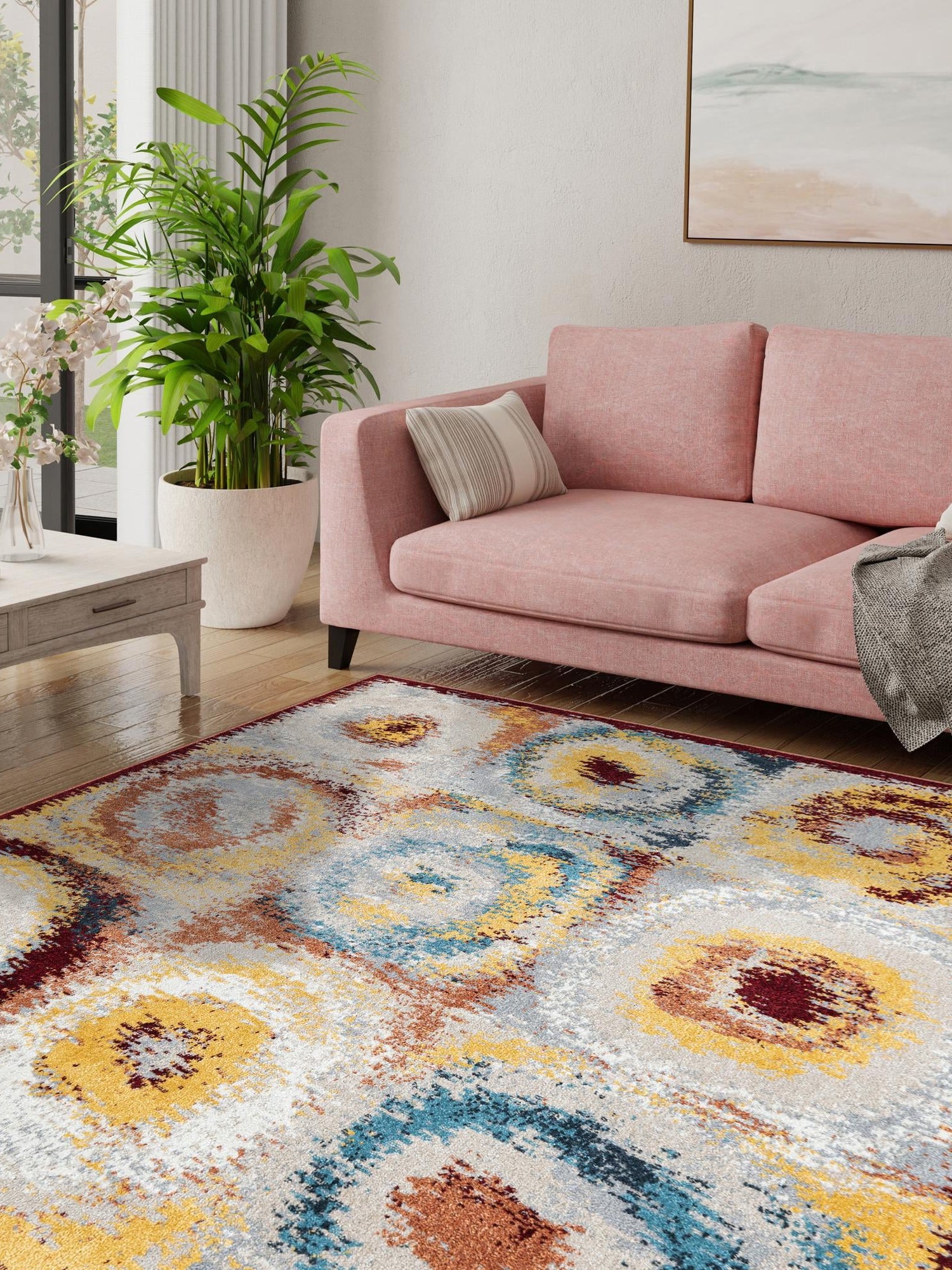 Washable Multicolor 7' 10 x 7' 10 Kamala Washable Square Area Rug Easy to Clean Stain Resistant & Durable 100% Polyester Spill-Friendly Carpet for Sale at Rug Engine