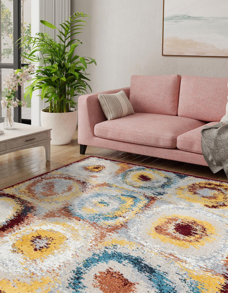 Washable Multicolor 7' 10 x 7' 10 Kamala Washable Square Area Rug Easy to Clean Stain Resistant & Durable 100% Polyester Spill-Friendly Carpet for Sale at Rug Engine