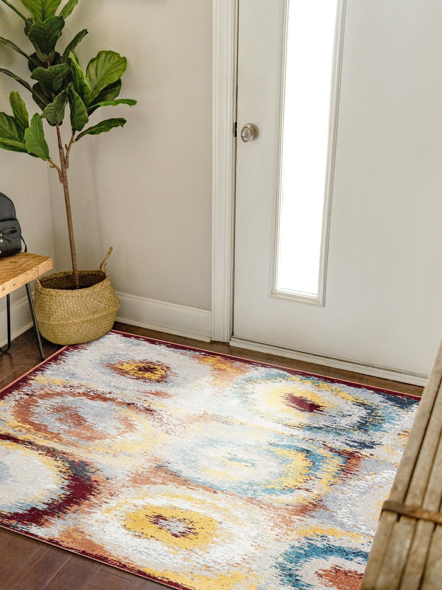 Washable Multicolor 7' 10 x 7' 10 Kamala Washable Square Area Rug Easy to Clean Stain Resistant & Durable 100% Polyester Spill-Friendly Carpet for Sale at Rug Engine
