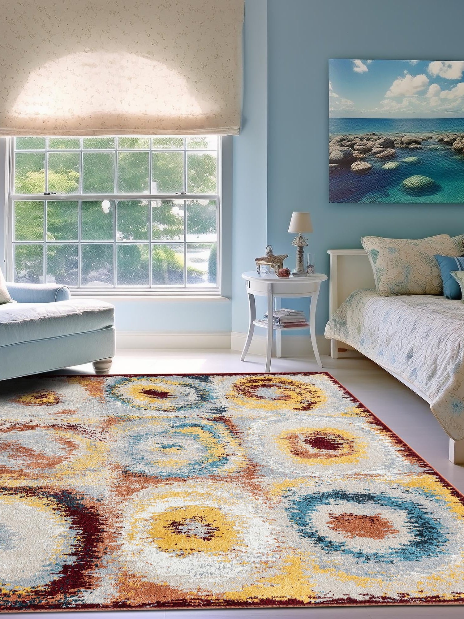 Washable Multicolor 7' 10 x 7' 10 Kamala Washable Square Area Rug Easy to Clean Stain Resistant & Durable 100% Polyester Spill-Friendly Carpet for Sale at Rug Engine