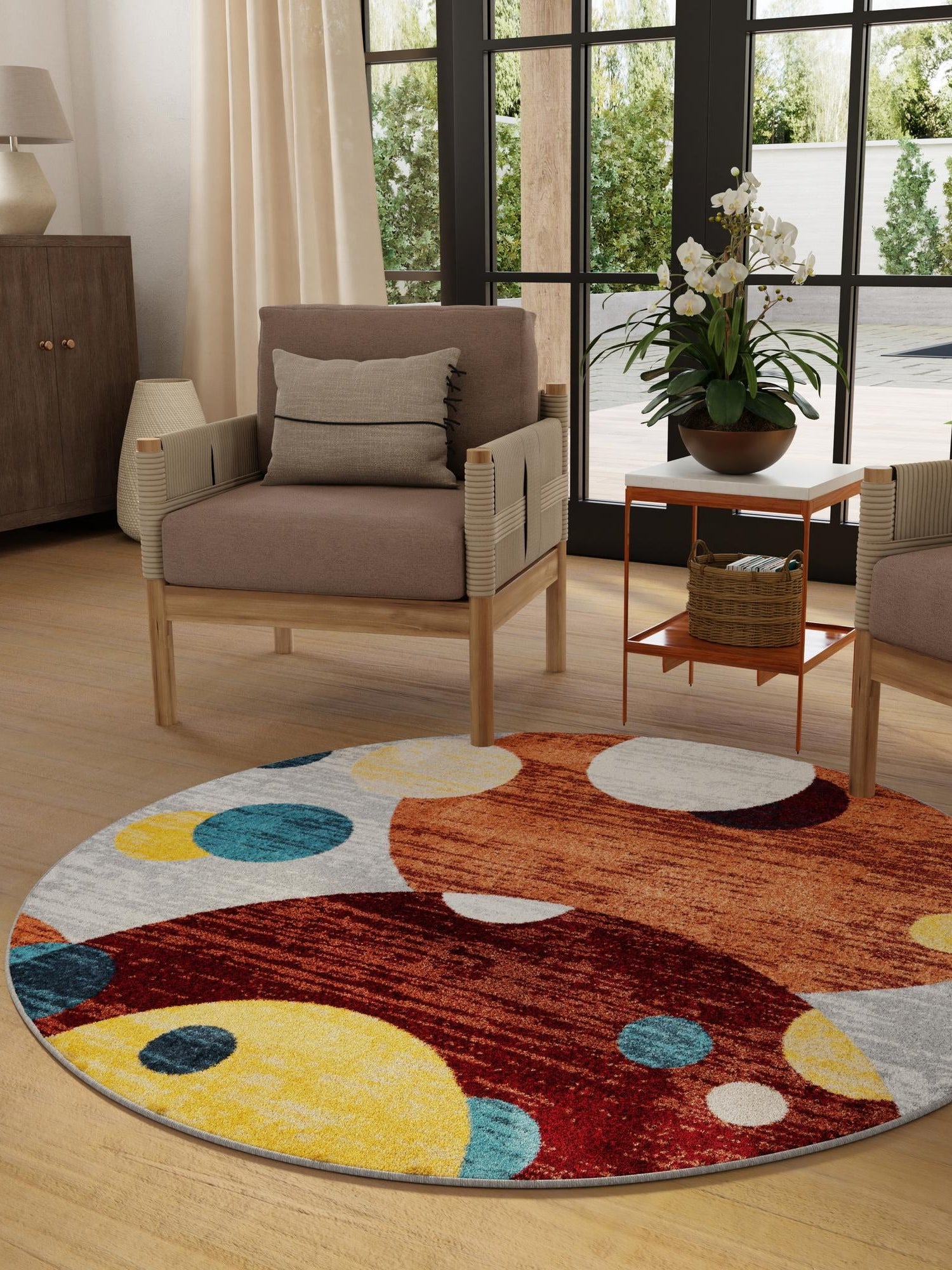 Washable Multicolor 7' 10 x 7' 10 Kamala Washable Round Area Rug Easy to Clean Stain Resistant & Durable 100% Polyester Spill-Friendly Carpet for Sale at Rug Engine