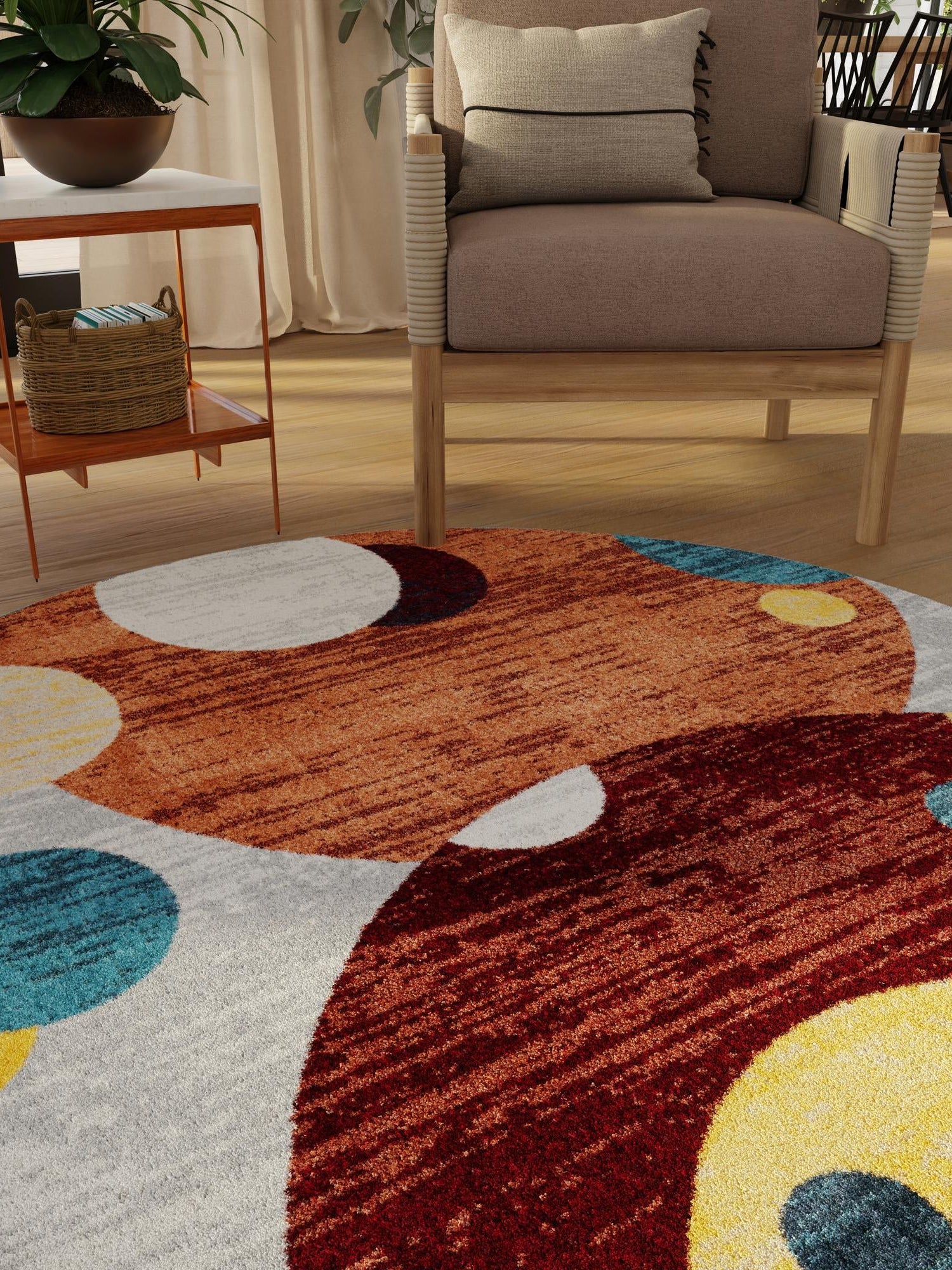 Washable Multicolor 3' 3 x 3' 3 Kamala Washable Round Area Rug Easy to Clean Stain Resistant & Durable 100% Polyester Spill-Friendly Carpet for Sale at Rug Engine