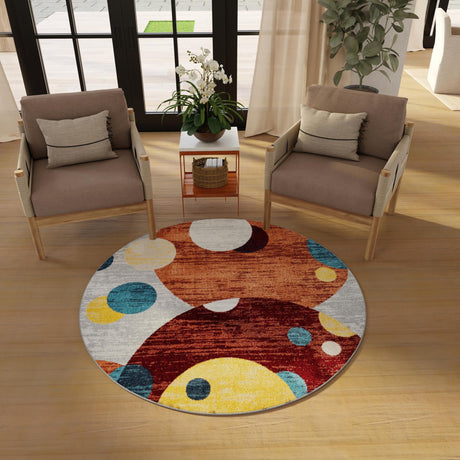 Washable Multicolor 5' 3 x 5' 3 Kamala Washable Round Area Rug Easy to Clean Stain Resistant & Durable 100% Polyester Spill-Friendly Carpet for Sale at Rug Engine