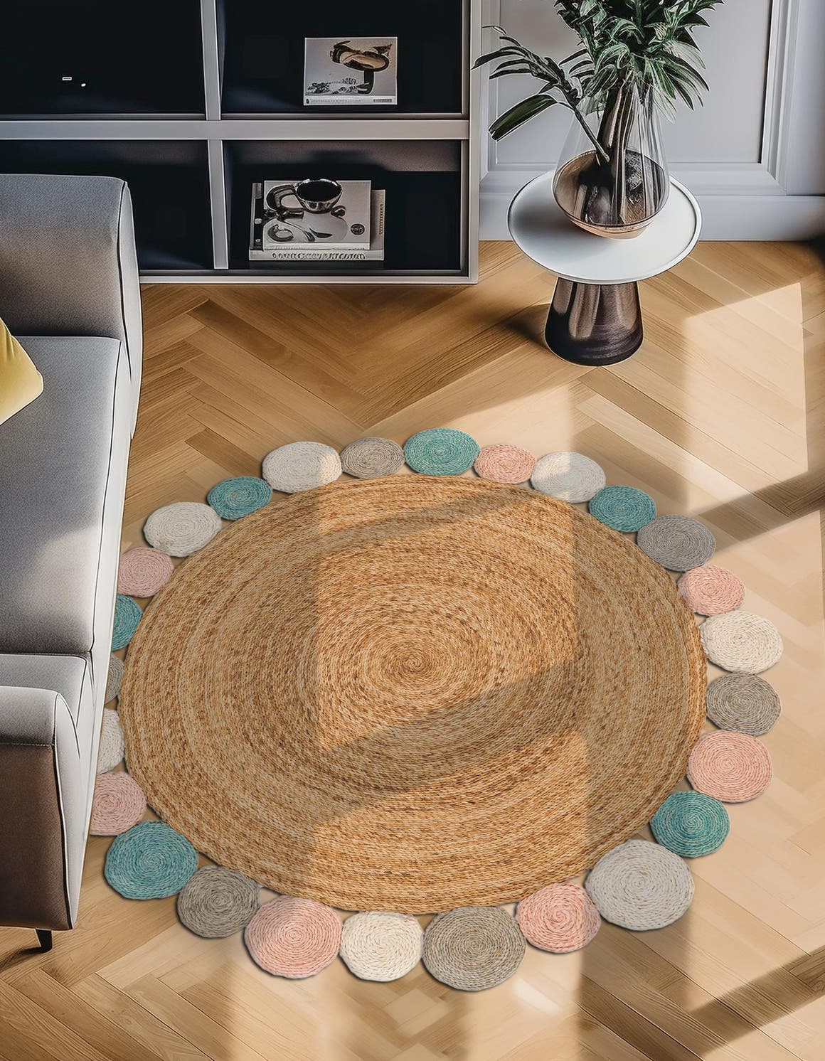Multicolor 5' 1 x 5' 1 Braided Jute Round Area Rug 100% Jute Hand Braided Natural Eco-Friendly Boho Style Carpet for Living Rooms Dining Office Space Dorms for Sale at Rug Engine