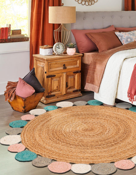 Multicolor 4' 1 x 4' 1 Braided Jute Round Area Rug 100% Jute Hand Braided Natural Eco-Friendly Boho Style Carpet for Living Rooms Dining Office Space Dorms for Sale at Rug Engine