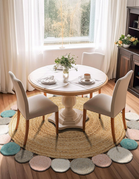 Multicolor 2' x 2' Braided Jute Round Area Rug 100% Jute Hand Braided Natural Eco-Friendly Boho Style Carpet for Living Rooms Dining Office Space Dorms for Sale at Rug Engine