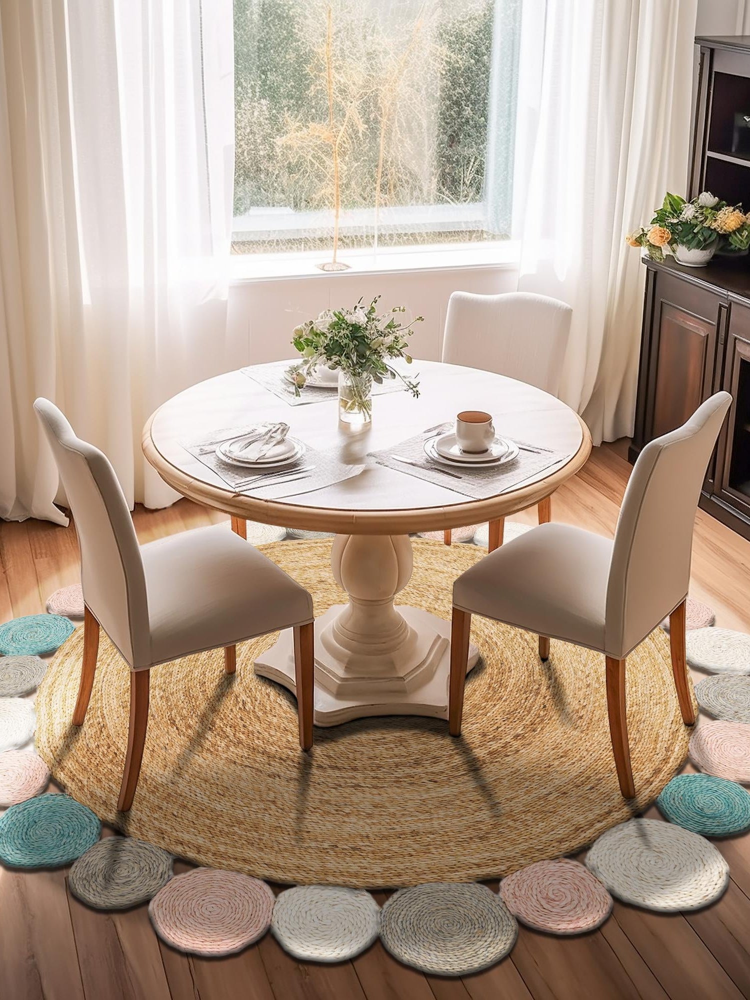 Multicolor 4' 1 x 4' 1 Braided Jute Round Area Rug 100% Jute Hand Braided Natural Eco-Friendly Boho Style Carpet for Living Rooms Dining Office Space Dorms for Sale at Rug Engine