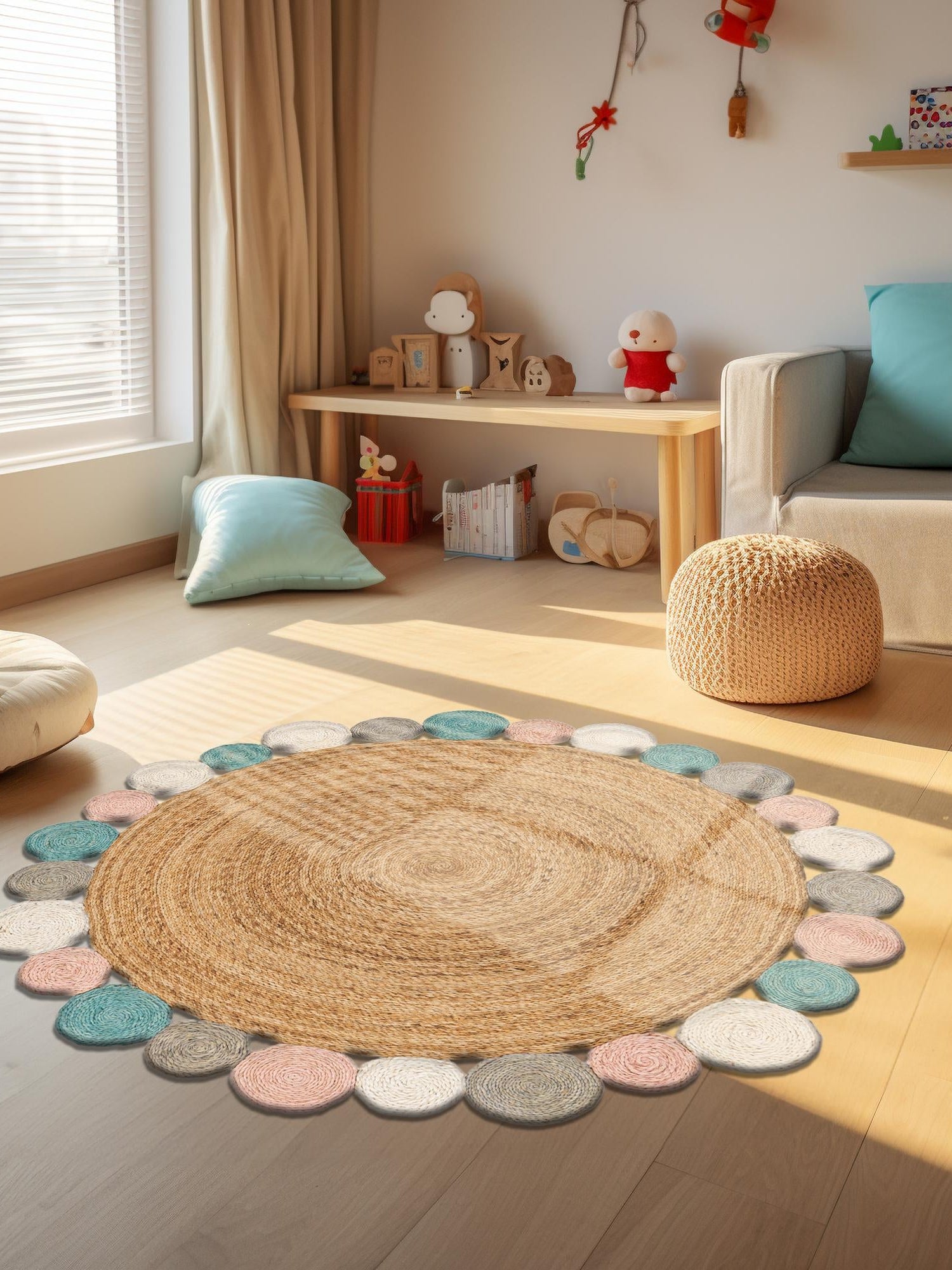 Multicolor 4' 1 x 4' 1 Braided Jute Round Area Rug 100% Jute Hand Braided Natural Eco-Friendly Boho Style Carpet for Living Rooms Dining Office Space Dorms for Sale at Rug Engine