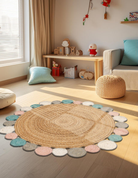 Multicolor 2' x 2' Braided Jute Round Area Rug 100% Jute Hand Braided Natural Eco-Friendly Boho Style Carpet for Living Rooms Dining Office Space Dorms for Sale at Rug Engine