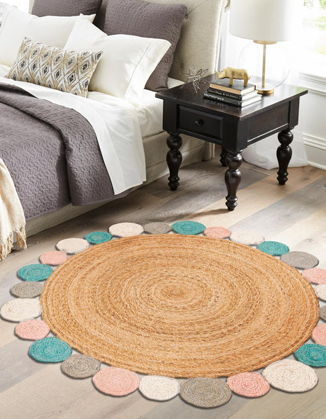 Multicolor 7' 10 x 7' 10 Braided Jute Round Area Rug 100% Jute Hand Braided Natural Eco-Friendly Boho Style Carpet for Living Rooms Dining Office Space Dorms for Sale at Rug Engine