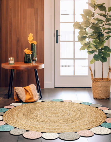 Multicolor 7' 10 x 7' 10 Braided Jute Round Area Rug 100% Jute Hand Braided Natural Eco-Friendly Boho Style Carpet for Living Rooms Dining Office Space Dorms for Sale at Rug Engine