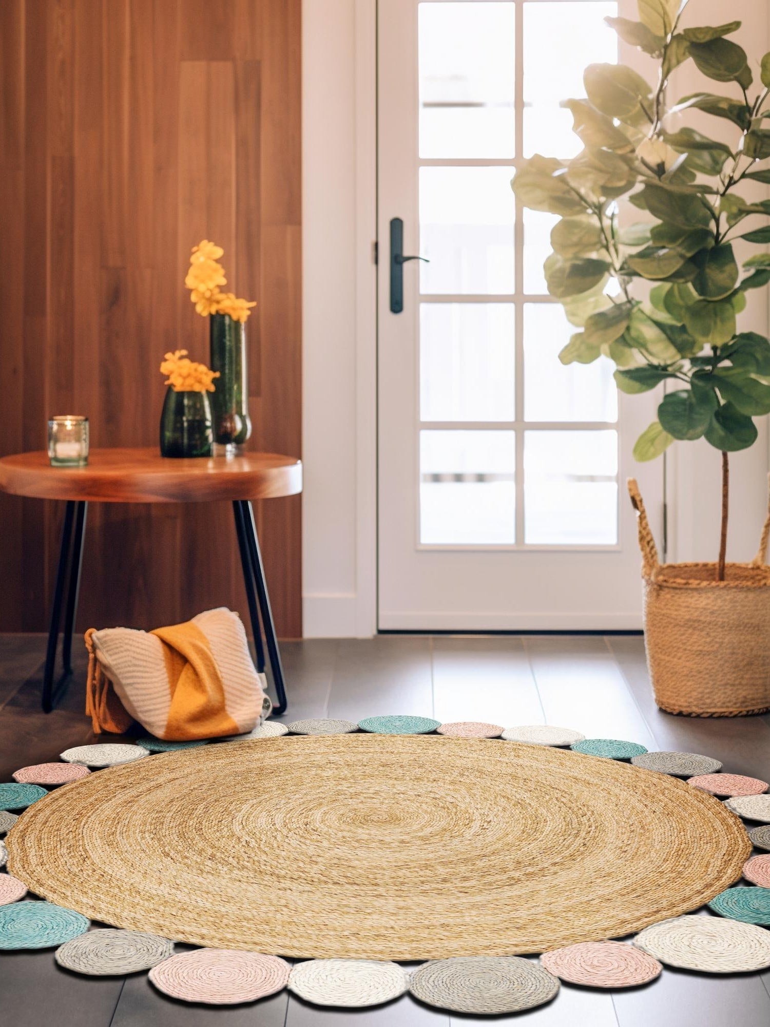 Multicolor 4' 1 x 4' 1 Braided Jute Round Area Rug 100% Jute Hand Braided Natural Eco-Friendly Boho Style Carpet for Living Rooms Dining Office Space Dorms for Sale at Rug Engine