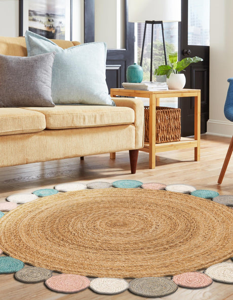 Multicolor 4' 1 x 4' 1 Braided Jute Round Area Rug 100% Jute Hand Braided Natural Eco-Friendly Boho Style Carpet for Living Rooms Dining Office Space Dorms for Sale at Rug Engine