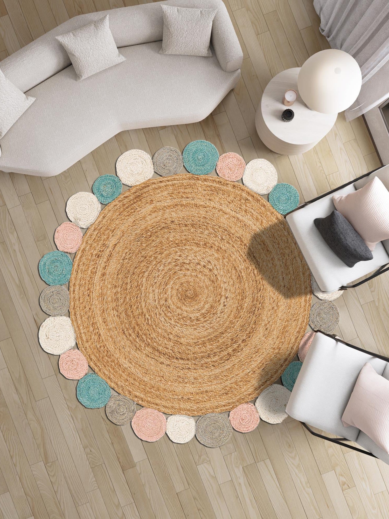 Multicolor 4' 1 x 4' 1 Braided Jute Round Area Rug 100% Jute Hand Braided Natural Eco-Friendly Boho Style Carpet for Living Rooms Dining Office Space Dorms for Sale at Rug Engine