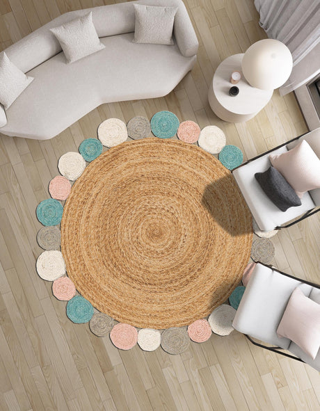 Multicolor 4' 1 x 4' 1 Braided Jute Round Area Rug 100% Jute Hand Braided Natural Eco-Friendly Boho Style Carpet for Living Rooms Dining Office Space Dorms for Sale at Rug Engine