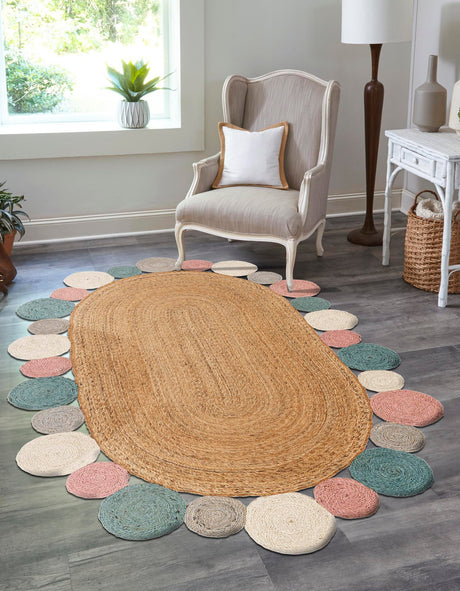 Multicolor 4' 1 x 6' 1 Braided Jute Oval Area Rug 100% Jute Hand Braided Natural Eco-Friendly Boho Style Carpet for Living Rooms Dining Office Space Dorms for Sale at Rug Engine