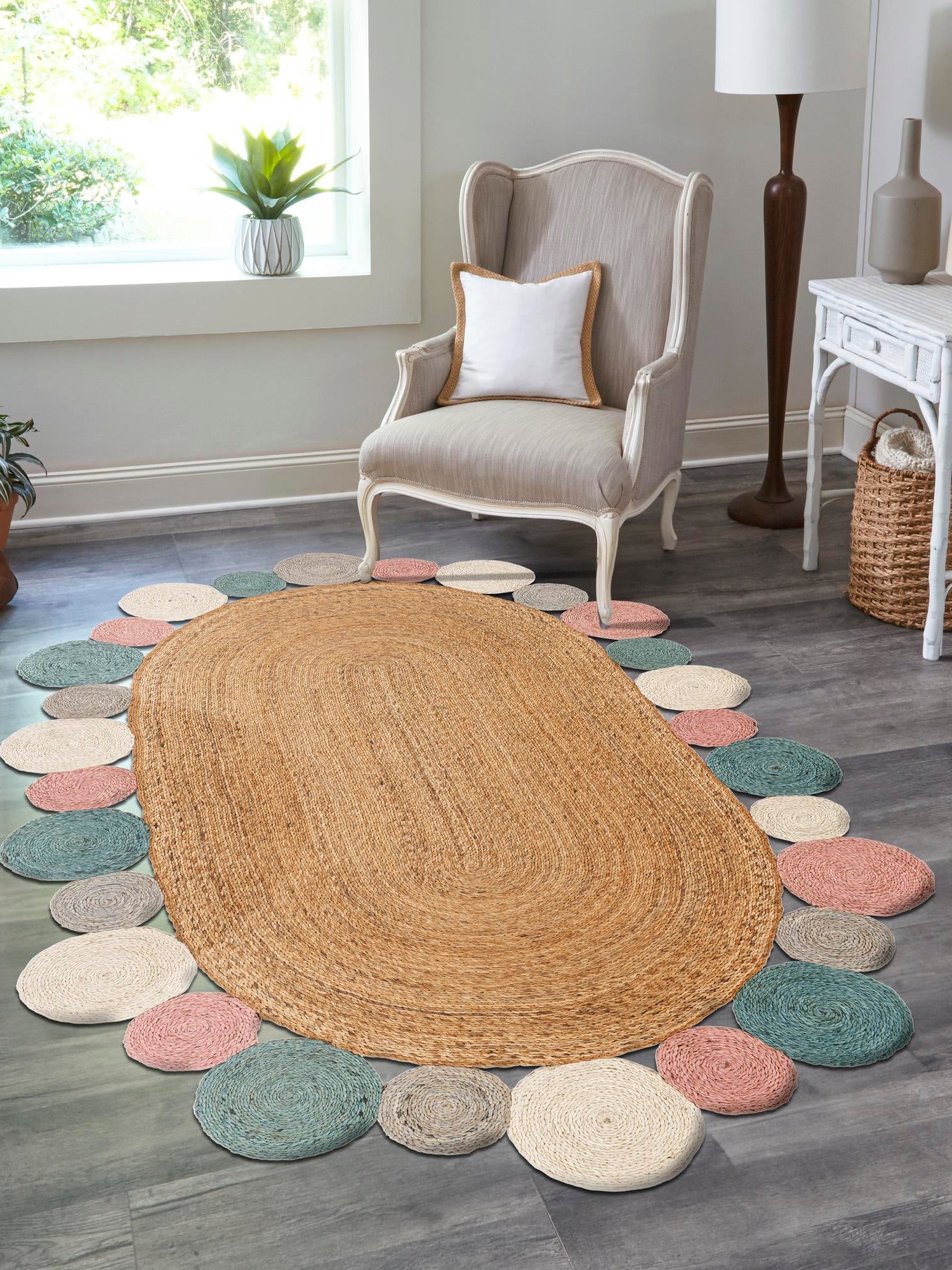 Multicolor 7' 10 x 10' Braided Jute Oval Area Rug 100% Jute Hand Braided Natural Eco-Friendly Boho Style Carpet for Living Rooms Dining Office Space Dorms for Sale at Rug Engine