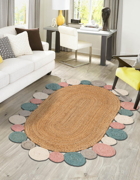 Multicolor 4' 1 x 6' 1 Braided Jute Oval Area Rug 100% Jute Hand Braided Natural Eco-Friendly Boho Style Carpet for Living Rooms Dining Office Space Dorms for Sale at Rug Engine