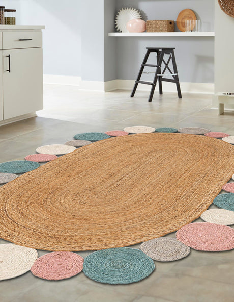 Multicolor 4' 1 x 6' 1 Braided Jute Oval Area Rug 100% Jute Hand Braided Natural Eco-Friendly Boho Style Carpet for Living Rooms Dining Office Space Dorms for Sale at Rug Engine