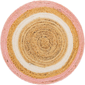 Pink White Natural 2' x 2' Braided Jute Round Rug