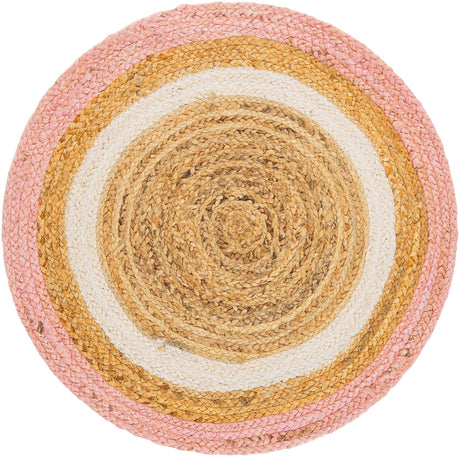 Pink White Natural 2' x 2' Braided Jute Round Rug