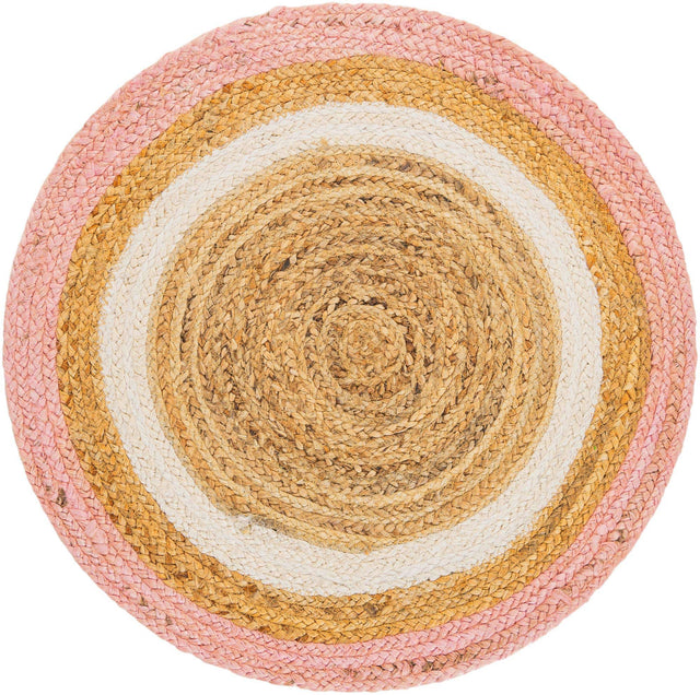 Pink White Natural 2' x 2' Braided Jute Round Rug