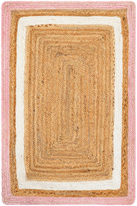 Pink White Natural 2' x 3' 1 Braided Jute Rectangle Rug