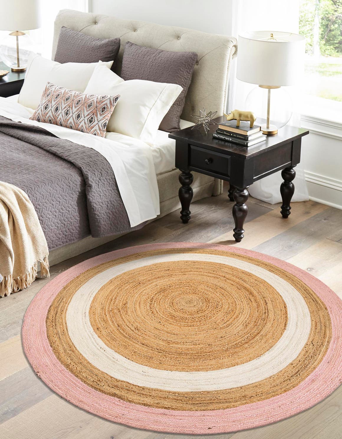 Pink White Natural 7' 10 x 7' 10 Braided Jute Round Area Rug 100% Jute Hand Braided Natural Eco-Friendly Boho Style Carpet for Living Rooms Dining Office Space Dorms for Sale at Rug Engine