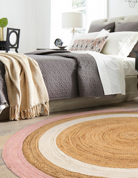 Pink White Natural 3' 1 x 3' 1 Braided Jute Round Area Rug 100% Jute Hand Braided Natural Eco-Friendly Boho Style Carpet for Living Rooms Dining Office Space Dorms for Sale at Rug Engine