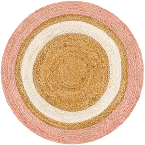 Pink White Natural 3' 1 x 3' 1 Braided Jute Round Rug