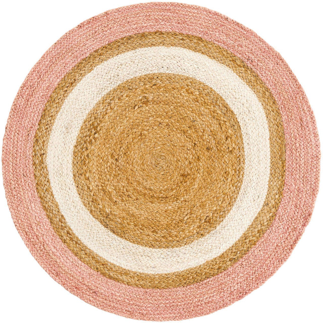 Pink White Natural 3' 1 x 3' 1 Braided Jute Round Rug