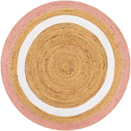 Pink White Natural 4' 1 x 4' 1 Braided Jute Round Rug